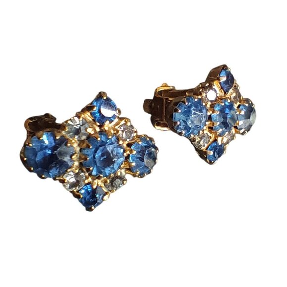 Vintage Gold-Tone Blue Rhinestone Clip-On Earrings 6/8" - Picture 5 of 5